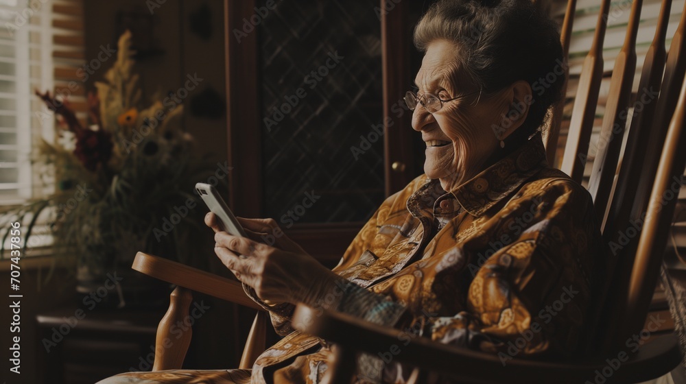 A happy senior woman using her smart phone to chat with family or friends. 