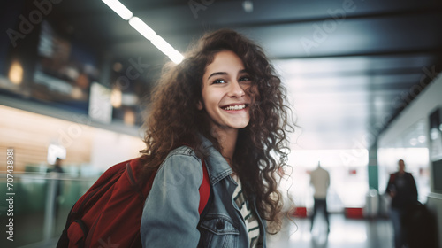 With an infectious grin, a young woman is on the brink of boarding her flight, showcasing excitement at the airport.