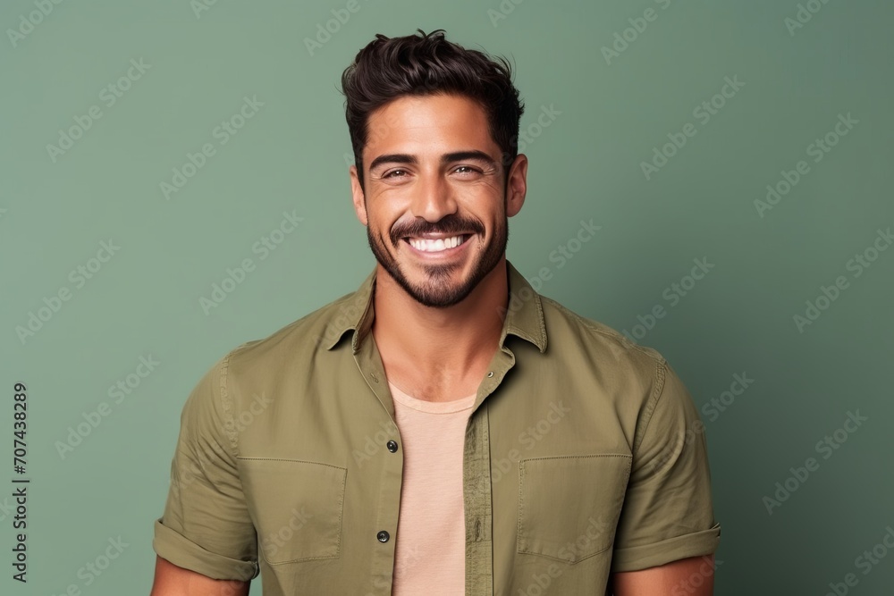 Portrait of a handsome young man smiling while standing against green background Portrait of a handsome young man smiling while standing against green background