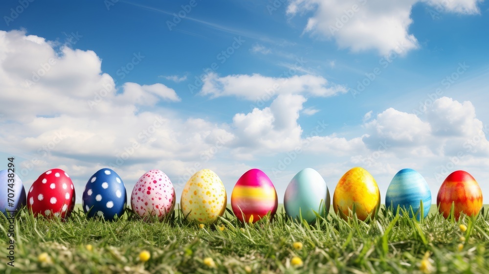 Colorful Easter eggs on green grass with blue sky