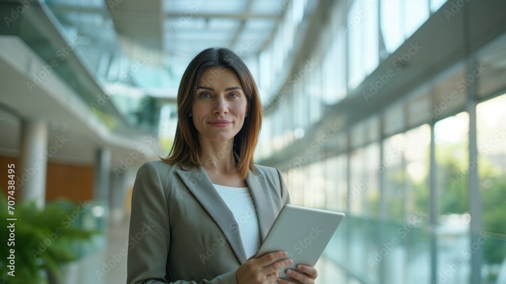 Triumphant Female Realtor with Tablet in Corporate Setting