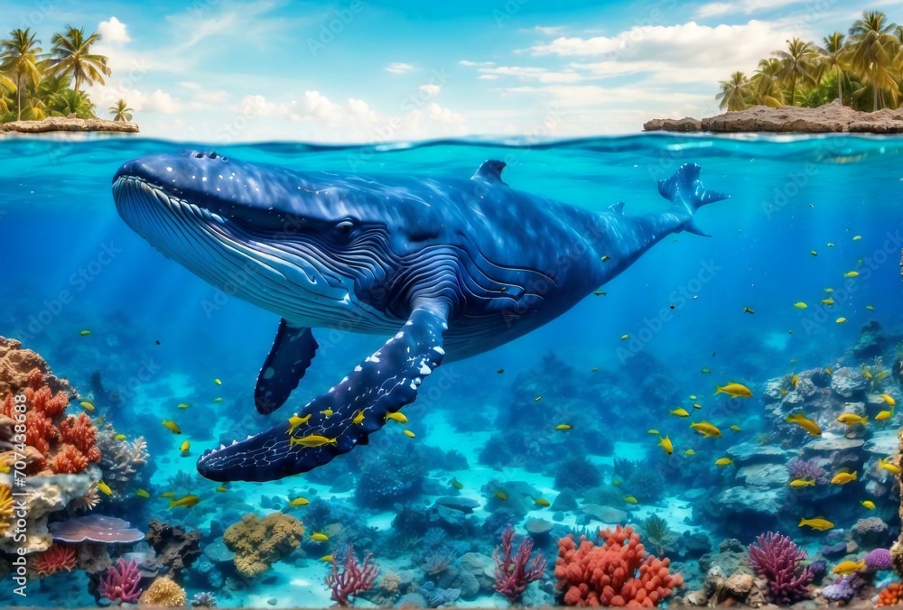 Fotografie a giant blue whale swimming in a deep beautiful blue ocean reef at an island with fishes, seaweed and corals