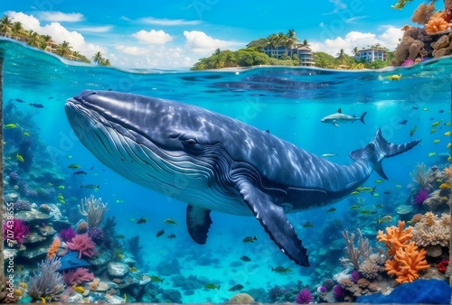 a giant blue whale swimming in a deep beautiful blue ocean reef at an island with fishes, seaweed and corals. turquoise water color. 16:9 4k background wallpaper