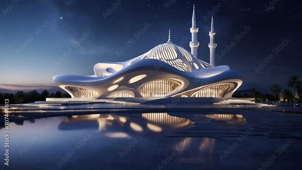 Mosque at night, a modern mosque in a blue sky Mosque at night, a modern mosque in a blue sky