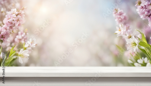 Spring flowers background with empty wooden table top in front. Cherry blossom blank banner, generated by AI