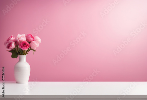Pink flowers in white vase on empty table top in front, pink wall background. Valentine day decoration, generated by AI