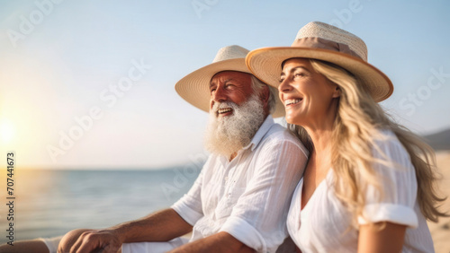 Cheerful Caucasian senior couple with summer heats on a beach vacation, enjoying each other's company, free copy space 