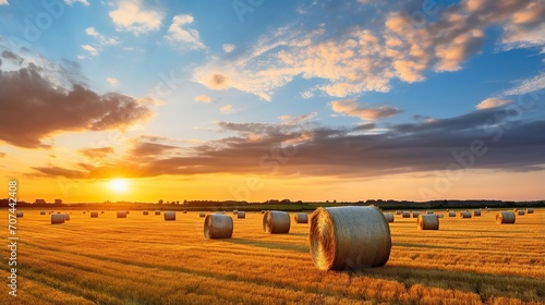 large rolls of hay in the field after harvest. rural landscape with rolled hay in ripe wheat field.sunset,sunrise background