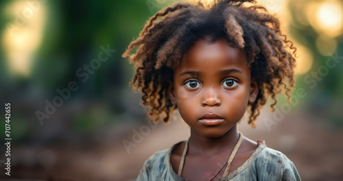 Close-up portrait of a little African girl with expressive eyes, conceptualising the problems of the African continent 