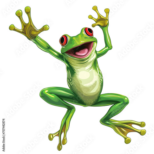 grüner lustiger Frosch in freudiger Pose mit starker Gestik. Isoliert, transparent und freigestellt als png. Generative Ai.