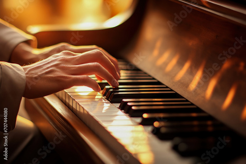 Men's hands playing the piano, The gentle touch of the pianist, the moment , the concept of musicianship. photo