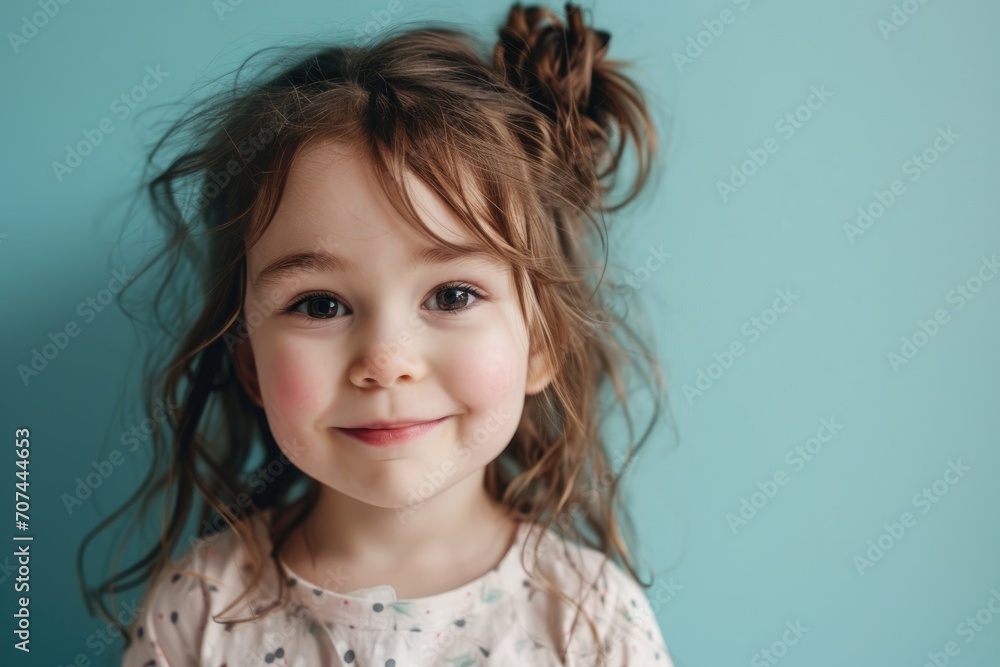 portrait photography of a pleased child girl against a light blue background portrait photography of a pleased child girl against a light blue background