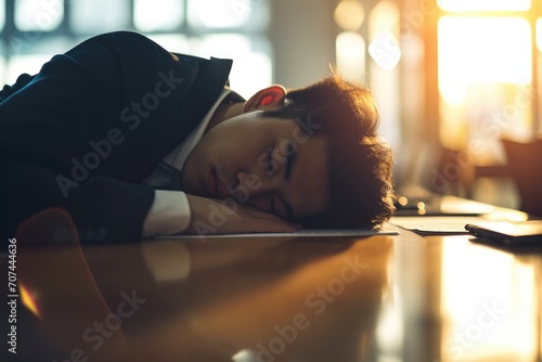 businessman sleeping or napping on the office desk, overworked stress exhausted exhaustion