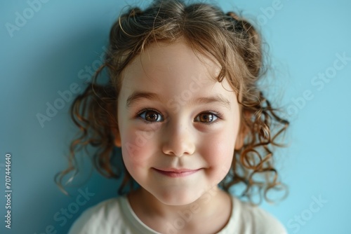 portrait photography of a pleased child girl against a light blue background