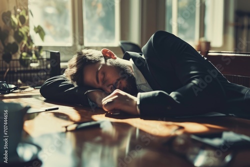 businessman sleeping or napping on the office desk, overworked stress exhausted exhaustion photo