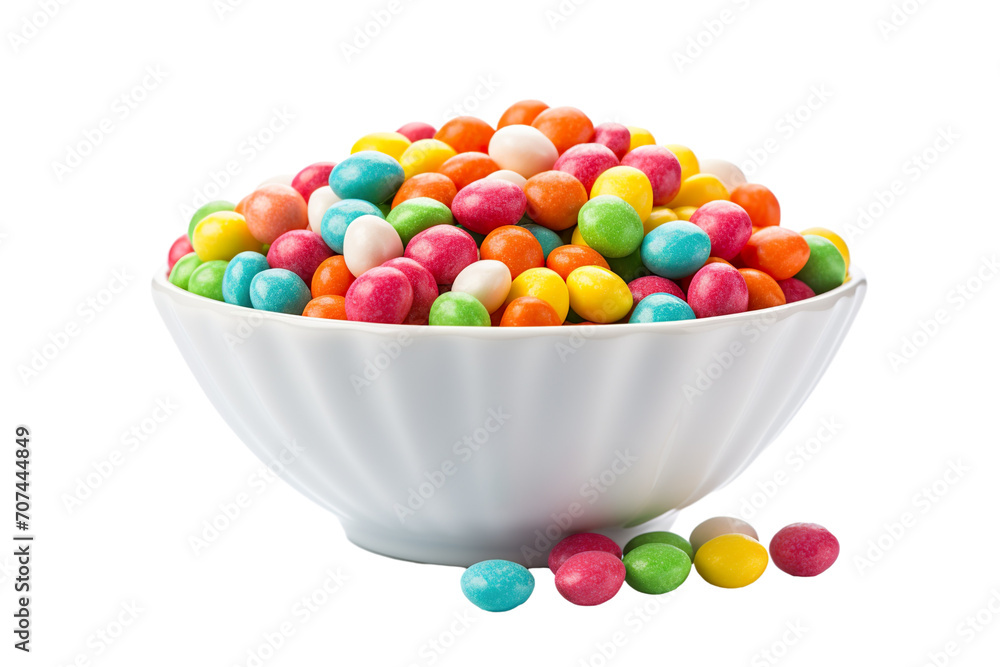 Top side closeup macro view of Bowl of multi-color candies, on a white isolated background PNG Top side closeup macro view of Bowl of multi-color candies, on a white isolated background PNG