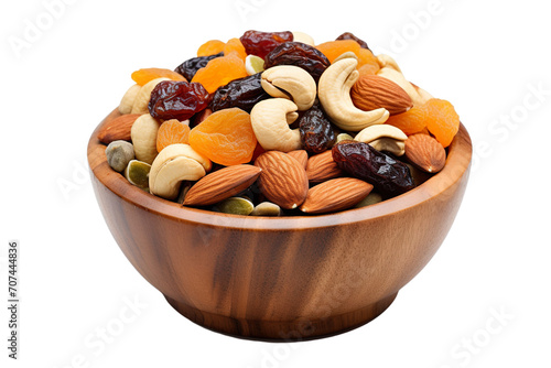 Top side closeup macro view of Bowl of dry fruits, on a white isolated background PNG photo