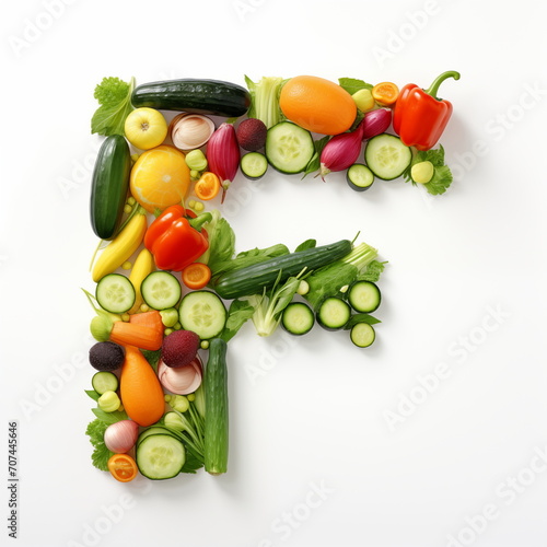 F letter out of vegetables and fruits isolated on white background.