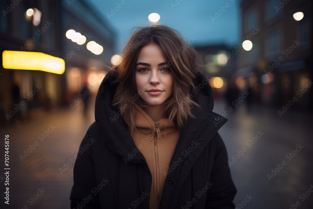 Portrait of a beautiful young brunette woman in a black coat on the street at night