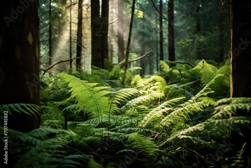 Ferns in a forest with dappled sunlight.