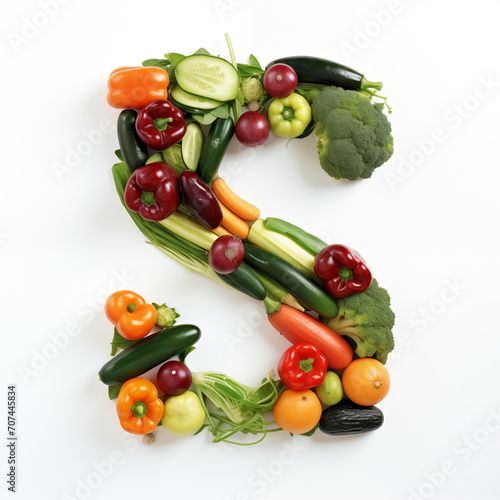 S letter out of vegetables and fruits isolated on white background.