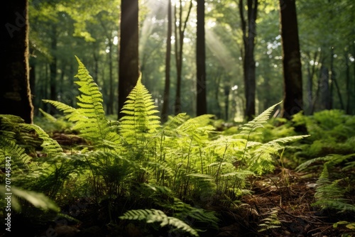 Ferns in a forest with dappled sunlight.