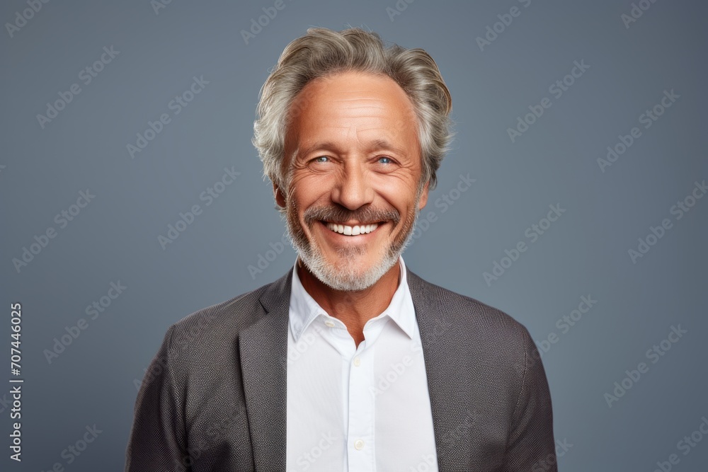 Smiling mature man with grey hair. Portrait of a handsome mature man smiling and looking at camera while standing against grey background Smiling mature man with grey hair. Portrait of a handsome mature man smiling and looking at camera while standing against grey background