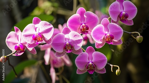 Beautiful orchid flowers and green leaves background in the garden. Colorful Orchid flowers in tropical garden  green background