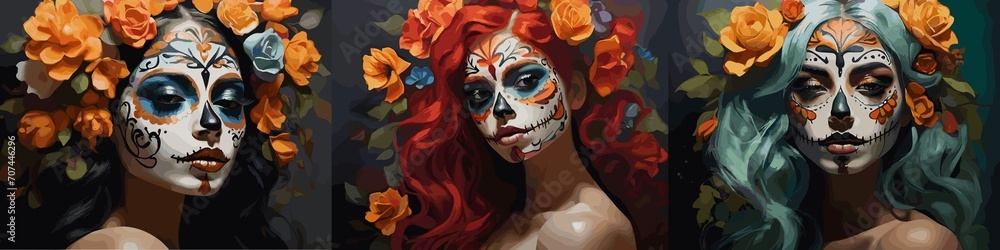 Painted portrait. Three woman with day of the dead face paint and flower colors in her black, red, green hair. Generative AI Painted portrait. Three woman with day of the dead face paint and flower colors in her black, red, green hair. Generative AI