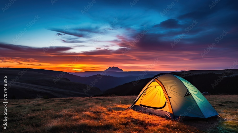Camping tent ,mountain sunset background