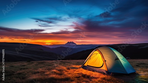 Camping tent ,mountain sunset background