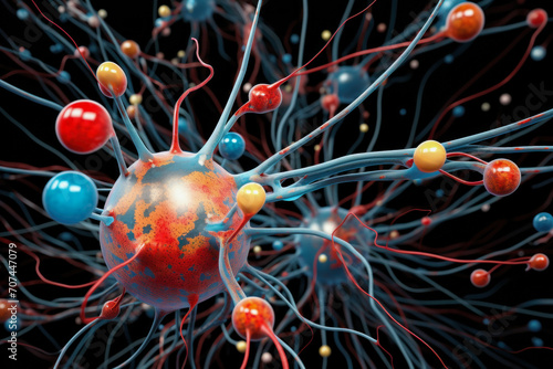 Artistic representation of a neuron within a vast network, signifying the electrical activity of the brain on dark background  photo