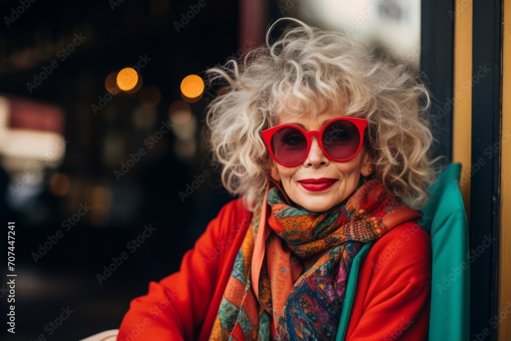 Portrait of a beautiful senior woman in red sunglasses and a red coat. Portrait of a beautiful senior woman in red sunglasses and a red coat.
