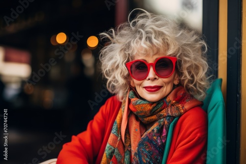 Portrait of a beautiful senior woman in red sunglasses and a red coat.