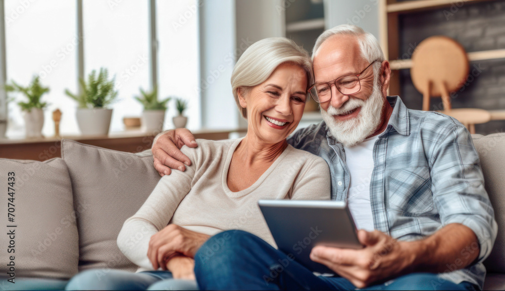A senior Caucasian couple cozily browsing a tablet on a couch, reflecting a comfortable, tech-savvy retirement life. A senior Caucasian couple cozily browsing a tablet on a couch, reflecting a comfortable, tech-savvy retirement life.
