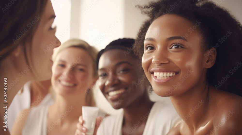 Closeup of a multicultural group of friends reviewing and discussing different facial cleansers. Closeup of a multicultural group of friends reviewing and discussing different facial cleansers.