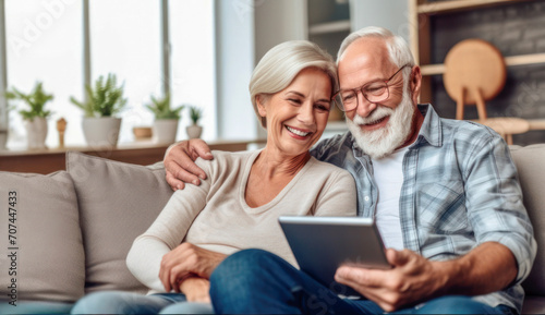 A senior Caucasian couple cozily browsing a tablet on a couch, reflecting a comfortable, tech-savvy retirement life. 