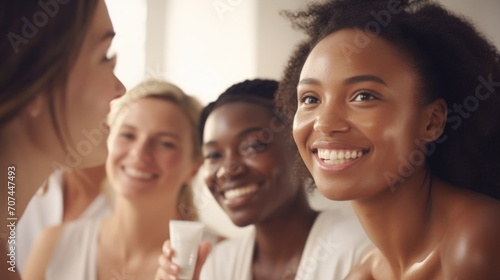 Closeup of a multicultural group of friends reviewing and discussing different facial cleansers.