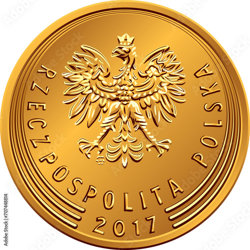 vector obverse Polish Money 1 zloty, 1, 2 and 5 groszy coin with eagle in golden crown, new design
