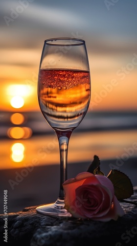 A glass of rose wine on the beach at sunset.