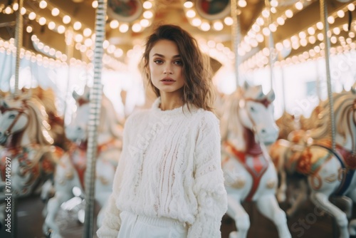 Beautiful woman in winter white clothes stands in front of children s carousels Ai Generative