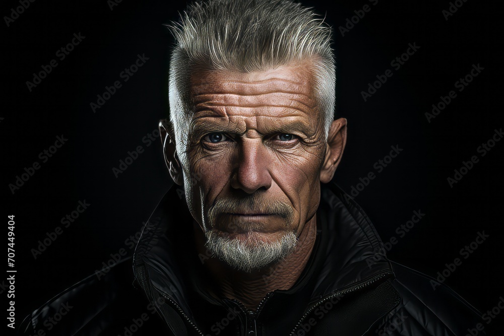 Portrait of a handsome senior man in a black leather jacket on a dark background.