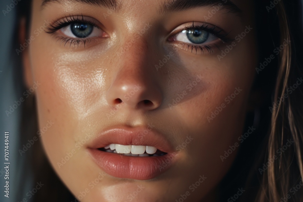 A close-up of a woman face with tears in her eyes and a smile on her lips A close-up of a woman face with tears in her eyes and a smile on her lips