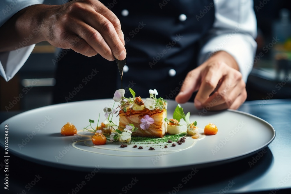 A close-up shot of a Michelin-starred chef delicately plating a dish Ai Generative A close-up shot of a Michelin-starred chef delicately plating a dish Ai Generative
