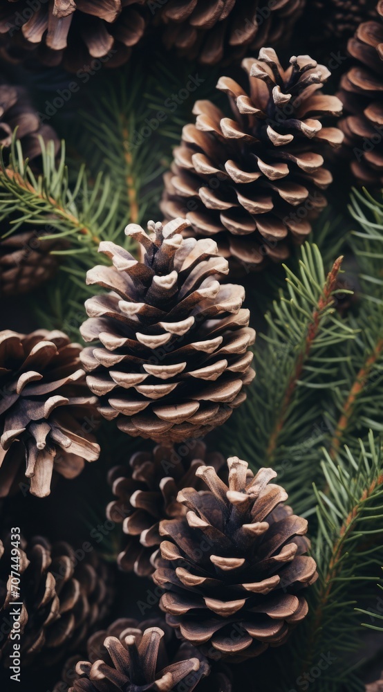 Close up of pine cones, in the style of forestpunk, festive atmosphere Ai Generative Close up of pine cones, in the style of forestpunk, festive atmosphere Ai Generative