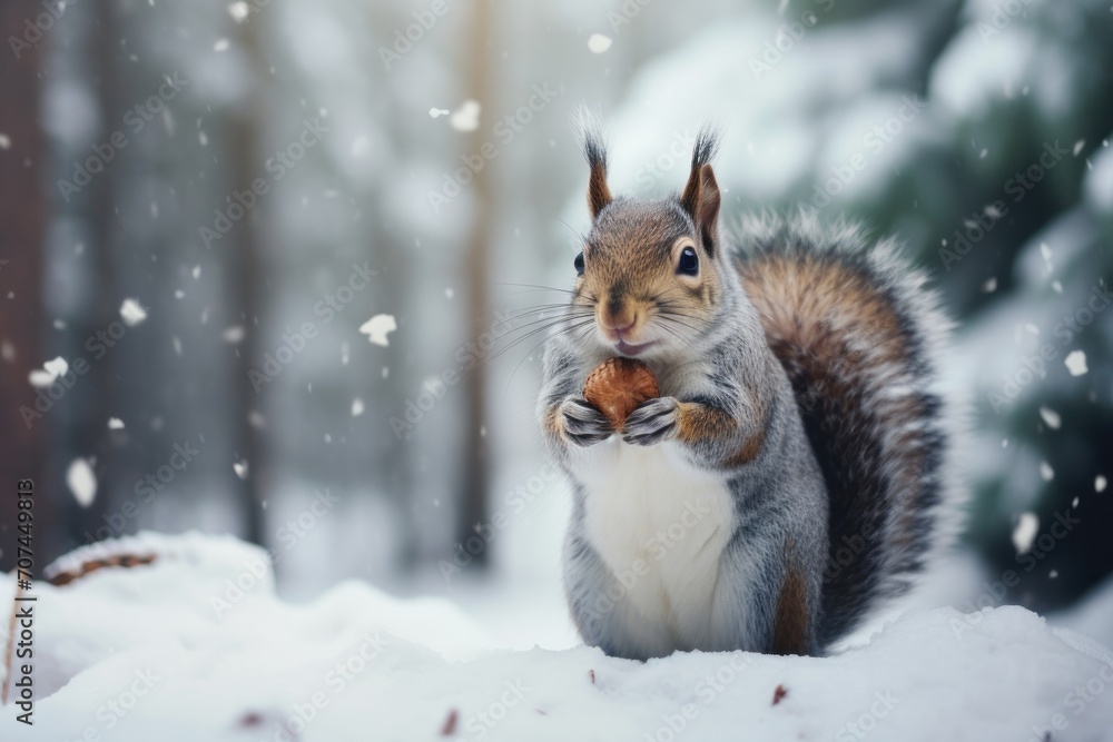 A gray-beige squirrel eats a nut against a background of snow-covered fir trees Ai generative A gray-beige squirrel eats a nut against a background of snow-covered fir trees Ai generative