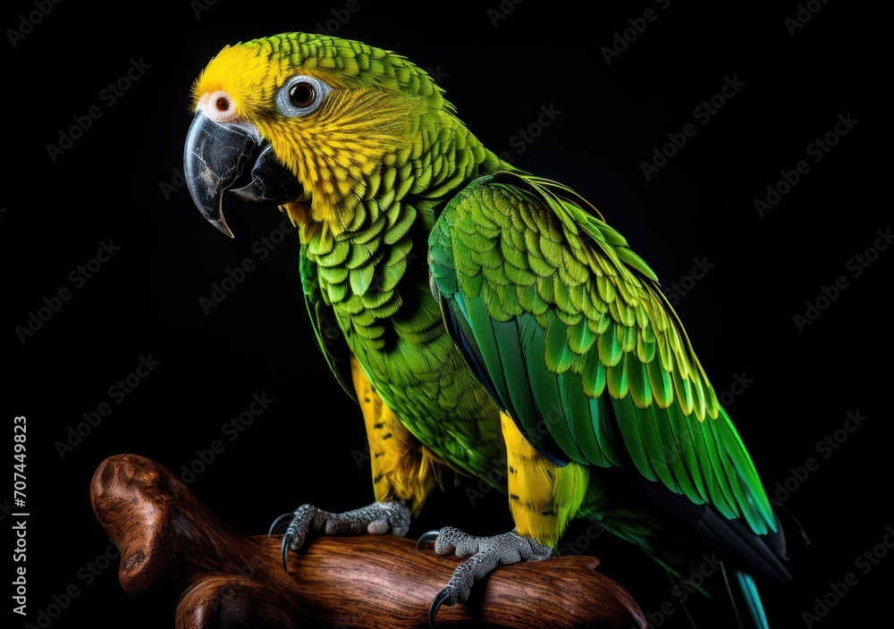 Obraz premium Green and yellow parrot with a black background Ai generative 