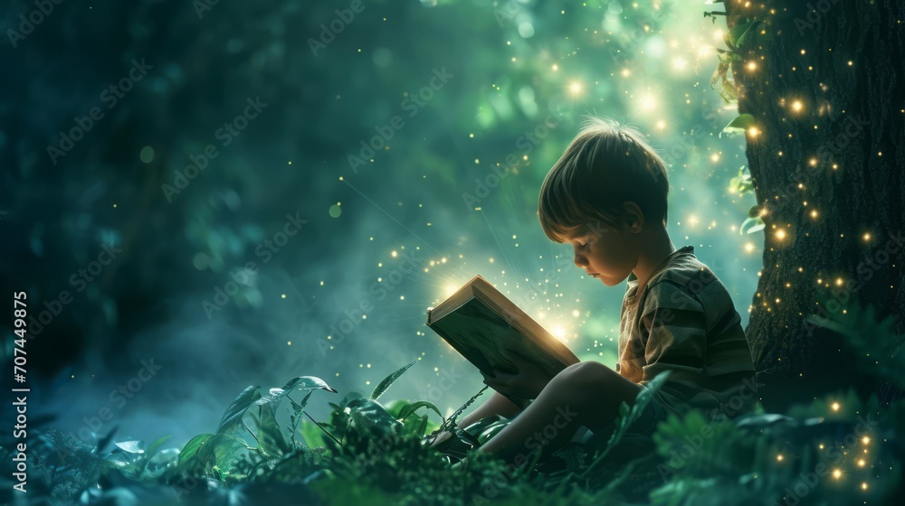 a cute young boy kids opens and reads a fairy tale story fantasy book and immerses with his childhood imagination in creative magic world sitting outdoors in a park at a tree - obrazy, fototapety, plakaty 