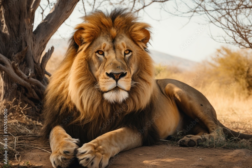 A majestic lion lounging in the African savanna Ai Generative