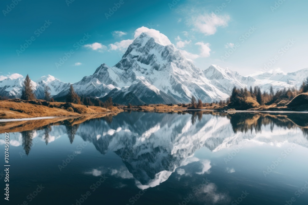 A majestic snow-capped mountain peak reflecting in the still waters of a crystal-clear lake Ai Generative A majestic snow-capped mountain peak reflecting in the still waters of a crystal-clear lake Ai Generative